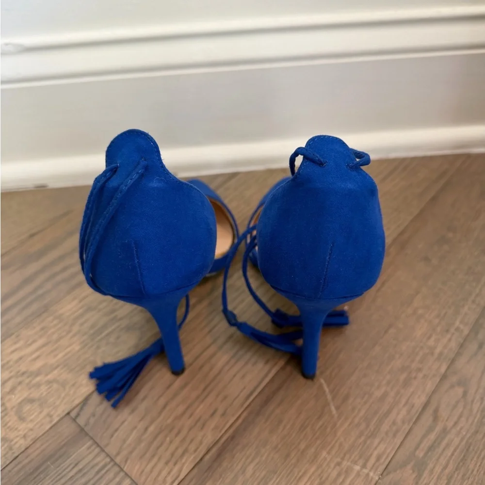 Qupid Royal Blue Lace-Up Pointed Toe Heels